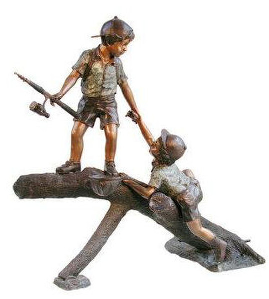Life Size Bronze Two Boys Fishing on Branch Garden Sculpture